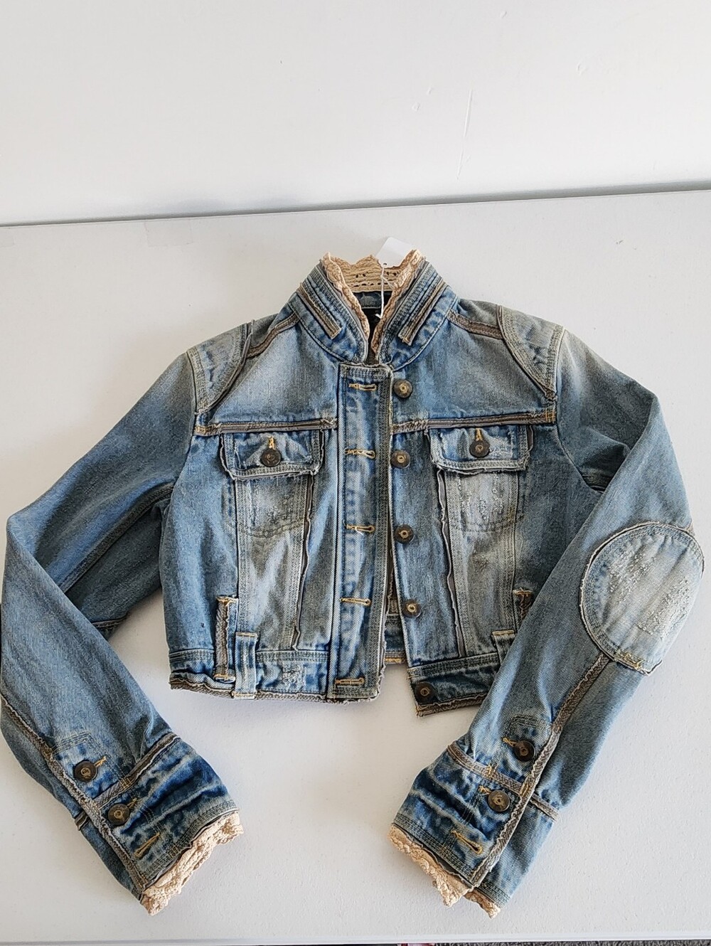 Cropped Light Wash Denim Jacket with Lace Trim